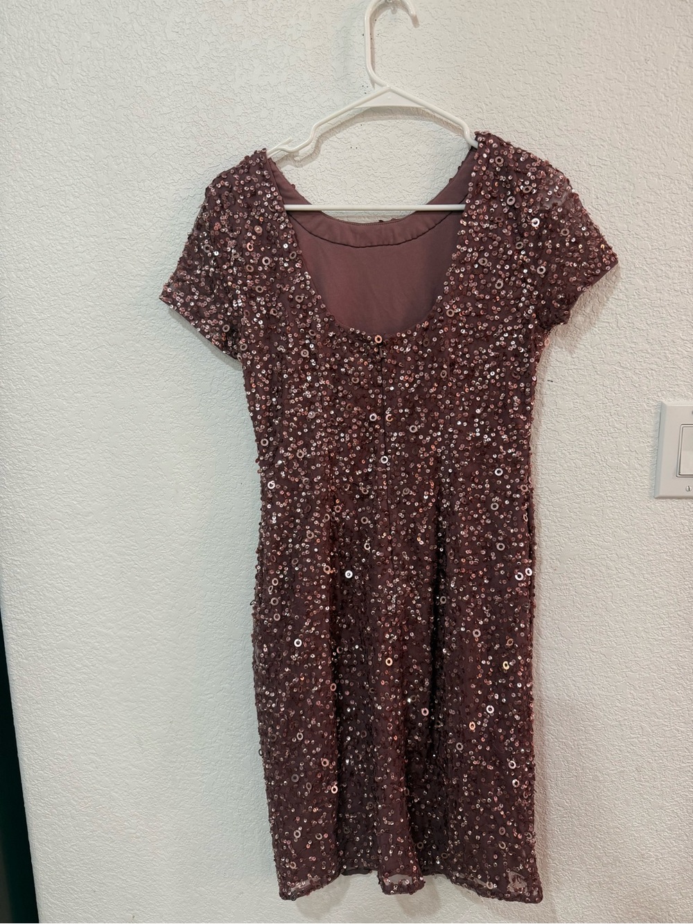 Adrianna Papell Mauve Sequin Scoop Neck Short Sleeve Dress